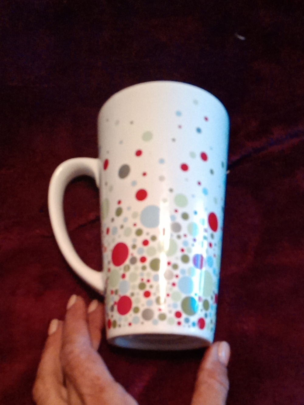 White Ceramic Tall Mug with Multicolor Dot Design